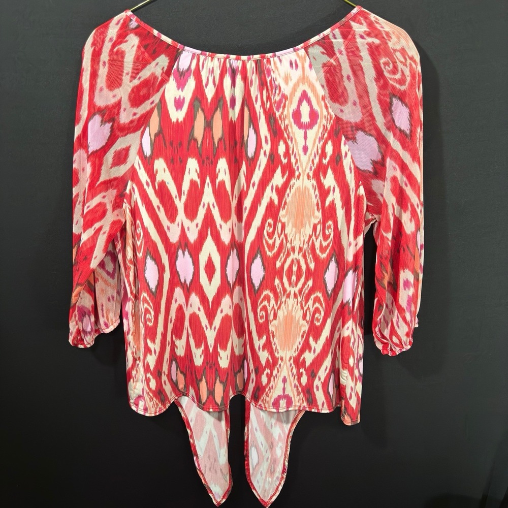 Quintessential Women's Red Sheer Bubble Top Bell Sleeve Blouse Geometric Size L - Picture 2 of 5